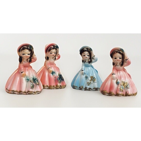 Lot of 4 1950s VTG Southern Belle Clapper Girl Porcelain Bell Figurines Japan - Picture 1 of 12